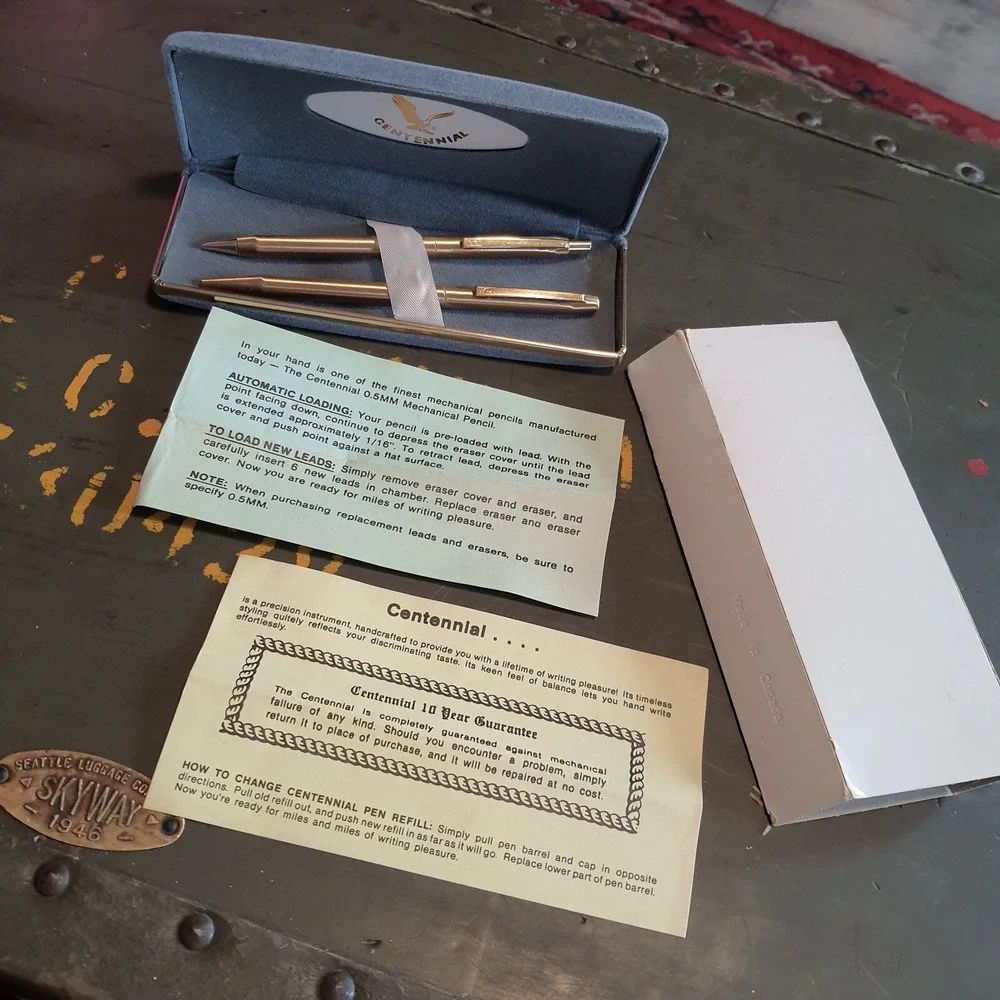 Vintage Centennial Gold-Tone Pen & Mechanical Pencil Set in Gray Velvet Case NOS